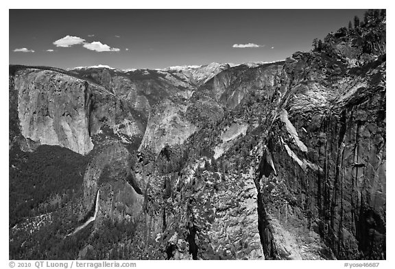 View of Bridalveil Fall and Yosemite Valley from Crocker Point. Yosemite National Park (black and white)
