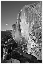 Photographer on Diving Board and Half-Dome. Yosemite National Park, California, USA. (black and white)