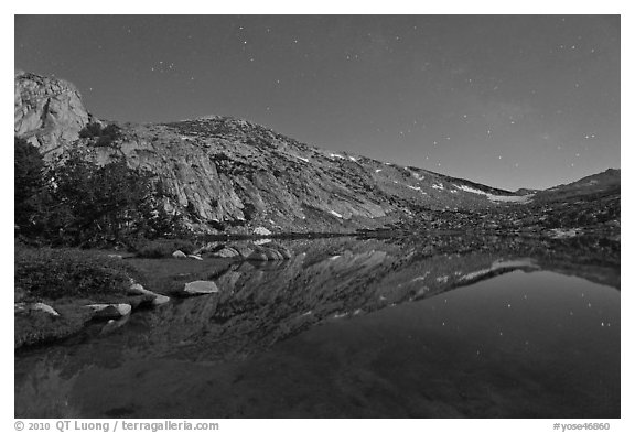 Stars above Vogelsang Lake at night. Yosemite National Park (black and white)