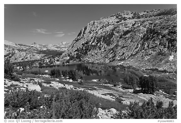 High Sierra landscape with Fletcher Peak and Vogelsang Lake. Yosemite National Park (black and white)