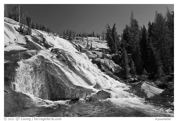 Stream flowing over steep smooth granite, Lewis Creek. Yosemite National Park (black and white)