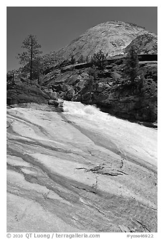 Granite slab, Merced River, and dome. Yosemite National Park (black and white)