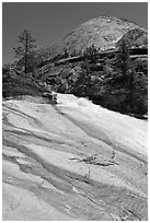 Granite slab, Merced River, and dome. Yosemite National Park, California, USA. (black and white)