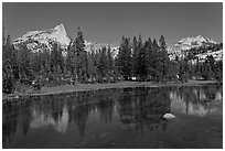 Cathedral range reflected in stream. Yosemite National Park, California, USA. (black and white)