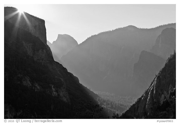 Sun, El Capitan, and Half Dome from near Inspiration Point. Yosemite National Park (black and white)