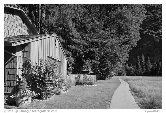 Residences at Ahwanhee Meadow edge, summer. Yosemite National Park (black and white)