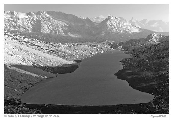Roosevelt Lake from above, late afternoon. Yosemite National Park (black and white)