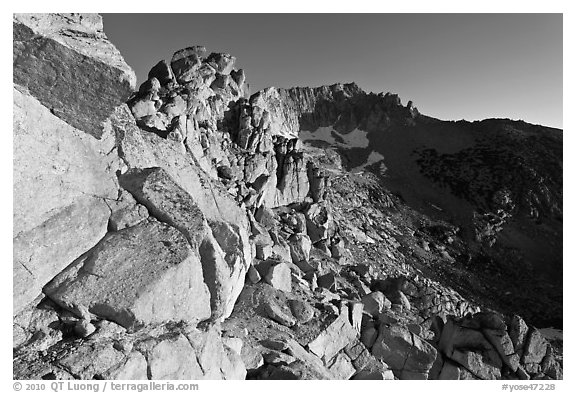 Rocky slopes and Mount Conness, sunrise. Yosemite National Park (black and white)
