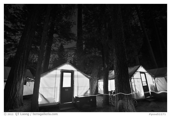 Curry Village tents by night. Yosemite National Park (black and white)