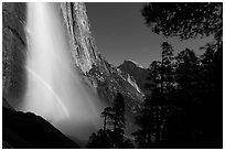 Double spray lunar rainbow, Upper Yosemite Falls and Half-Dome. Yosemite National Park, California, USA. (black and white)
