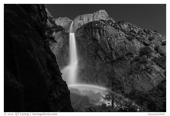 White rainbow at the base of Yosemite Falls. Yosemite National Park (black and white)