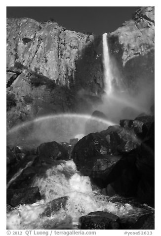 Spray rainbows, Bridalveil Fall. Yosemite National Park (black and white)
