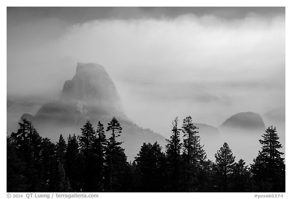 Half-Dome, clearing smoke. Yosemite National Park (black and white)