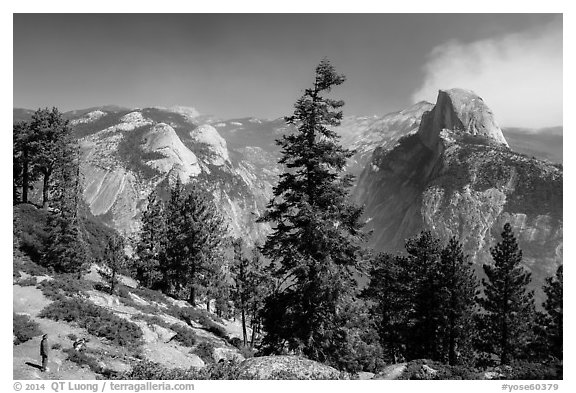 Visitor looking, Half-Dome from Glacier Point. Yosemite National Park (black and white)