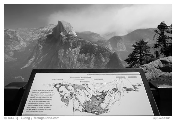 Glacier Point lower terrace intepretive sign. Yosemite National Park (black and white)