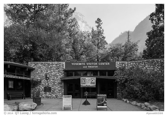 Main visitor center and cliffs. Yosemite National Park (black and white)