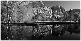 Yosemite Falls reflected in run-off pond. Yosemite National Park (Panoramic black and white)