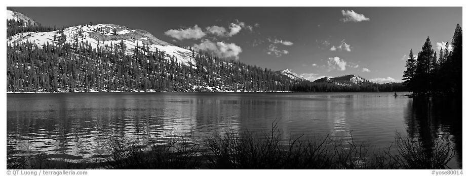 Tioga Lake and peak in early spring. Yosemite National Park (black and white)