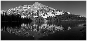 Tioga Lake and snow covered peaks. Yosemite National Park (Panoramic black and white)