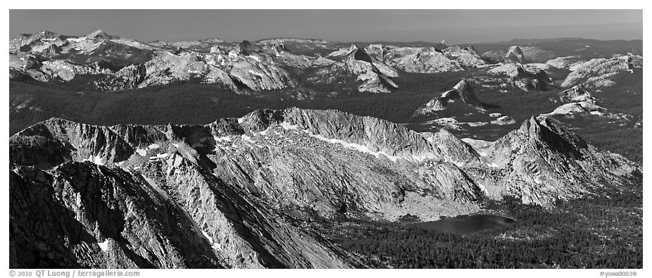 Ragged Peak range, Cathedral Range, and domes from Mount Conness. Yosemite National Park (black and white)