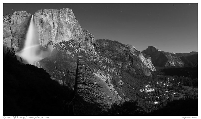Upper Yosemite Fall with moonbow, Yosemite Village, and Half-Dome. Yosemite National Park (black and white)