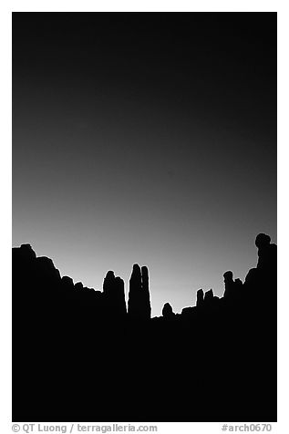 Sandstone pillars in Klondike Bluffs, dusk. Arches National Park, Utah, USA.