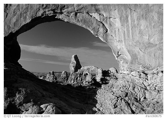 Turret Arch seen through South Window, sunrise. Arches National Park (black and white)