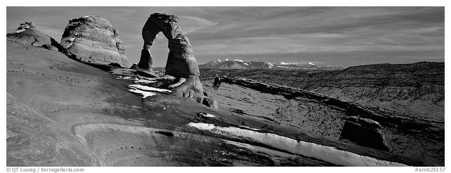 Delicate Arch and snowy mountain. Arches National Park (black and white)