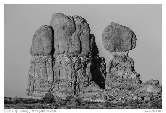 Balanced rock and sandstone tower. Arches National Park (black and white)