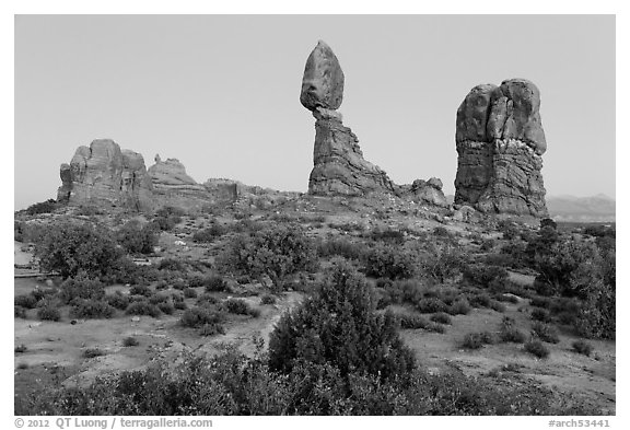 Balanced rock and other rock formations. Arches National Park (black and white)