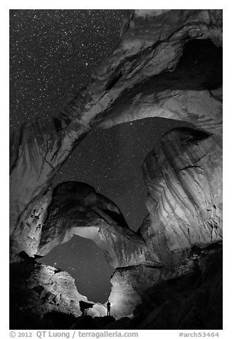 Visitor lighting up Double Arch at night. Arches National Park (black and white)