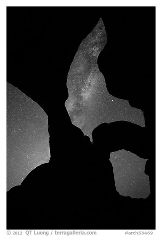 Double Arch with stars and Milky Way. Arches National Park (black and white)