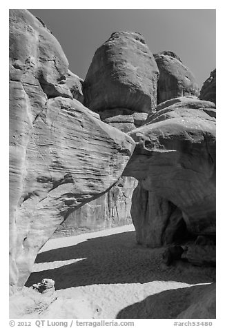 Sand floor, Sand Dune Arch, and towers. Arches National Park (black and white)