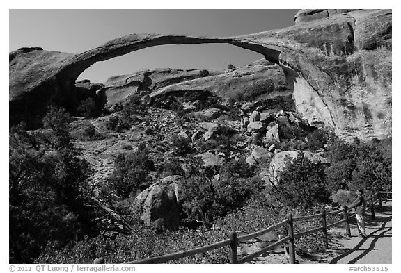 Visitor looking, Landscape Arch. Arches National Park (black and white)