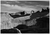 Delicate Arch and Winter Camp Wash Amphitheater. Arches National Park, Utah, USA. (black and white)
