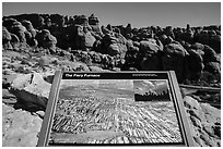 Interpretative sign, Fiery Furnace. Arches National Park, Utah, USA. (black and white)