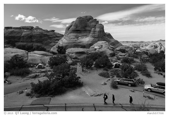 People walking in Devils Garden  Campground. Arches National Park (black and white)