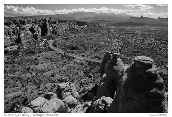 Scenic road seen from top of fin. Arches National Park (black and white)