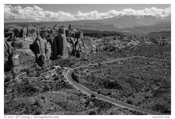 Scenic road and Fiery Furnace fins. Arches National Park (black and white)