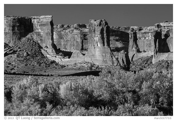 Courthouse wash and Courthouse towers in autumn. Arches National Park (black and white)