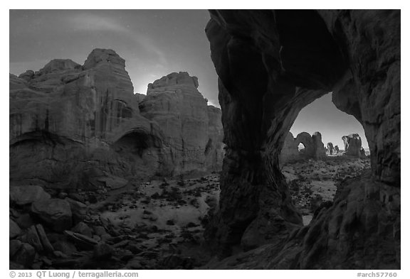 Cove of Arches and Cove Arch at night. Arches National Park (black and white)