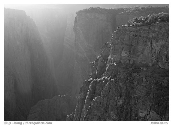 Narrowest part of canyon backlit in  afternoon. Black Canyon of the Gunnison National Park (black and white)