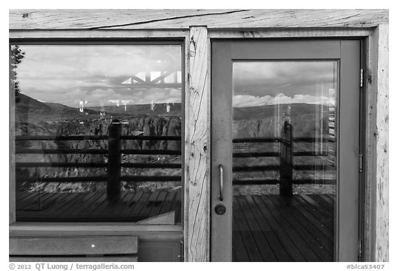 Canyon, South Rim visitor center window reflexion. Black Canyon of the Gunnison National Park (black and white)