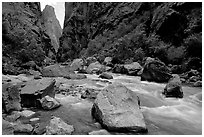 Boulders in  Gunisson river near the Narrows. Black Canyon of the Gunnison National Park, Colorado, USA. (black and white)