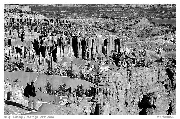 Hiker with panoramic view on Navajo Trail. Bryce Canyon National Park (black and white)