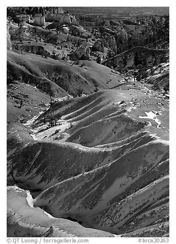 Hill ridges and snow in Bryce Amphitheatre. Bryce Canyon National Park (black and white)