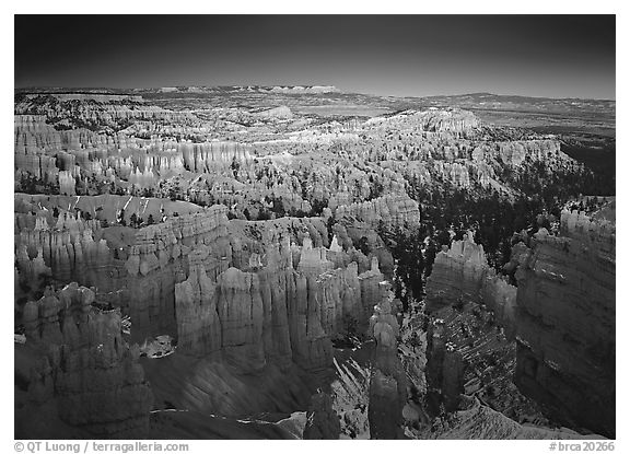 View of Bryce Amphitheater hoodoos from Sunset Point at dusk. Bryce Canyon National Park (black and white)