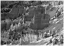 Rock spires and snow seen from Sunrise Point in winter, early morning. Bryce Canyon National Park, Utah, USA. (black and white)