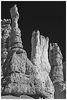 Hoodoos subject to chemical weathering by carbonic acid. Bryce Canyon National Park, Utah, USA. (black and white)
