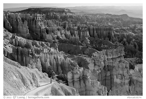 Park visitor looking from Navajo trail. Bryce Canyon National Park (black and white)